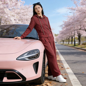 女春新款欧货时尚休闲套装红色连帽开衫上衣宽松软糯直筒长裤套装图片