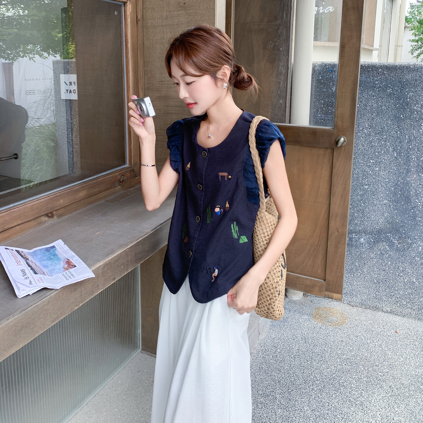 法式刺绣马甲阔腿裤套装女夏2025新款高级设计感藏青色背心两件套,女装套装/套裙,2C166