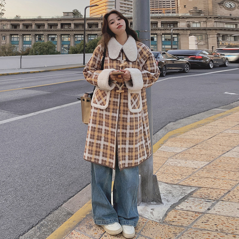 新品格子羊羔毛皮毛一体长款加厚外套2526-P225-K328,女装派克服,2C159
