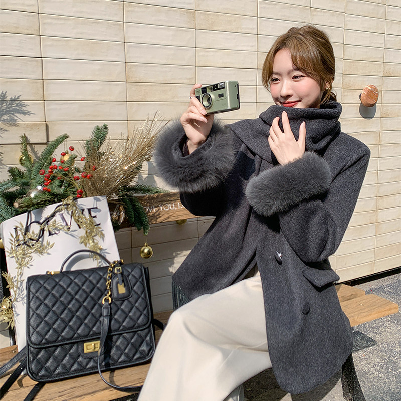 狐狸毛羽绒内胆厚毛呢外套配围巾4429-P270-K398,女装羽绒服,2C126