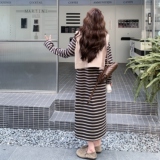 慵懒风休闲长袖条纹连衣裙马甲套装女2025年春季新款高级感两件套，女装套装/套裙，2C177