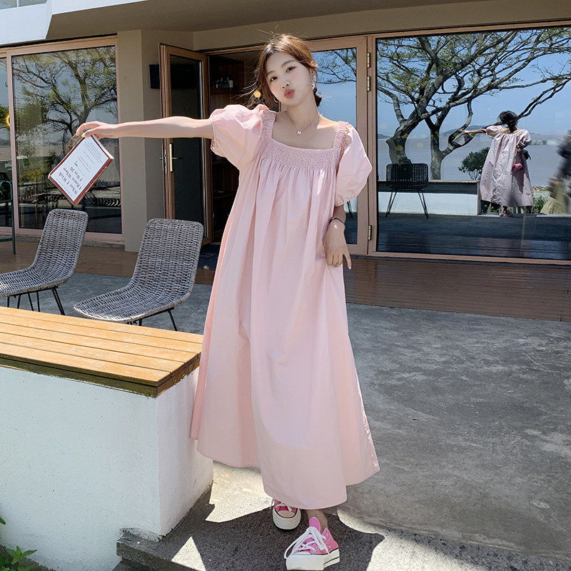 现货!粉色泡泡袖方领连衣裙女夏法式温柔风长裙3009P115控168,女装连衣裙,2C166