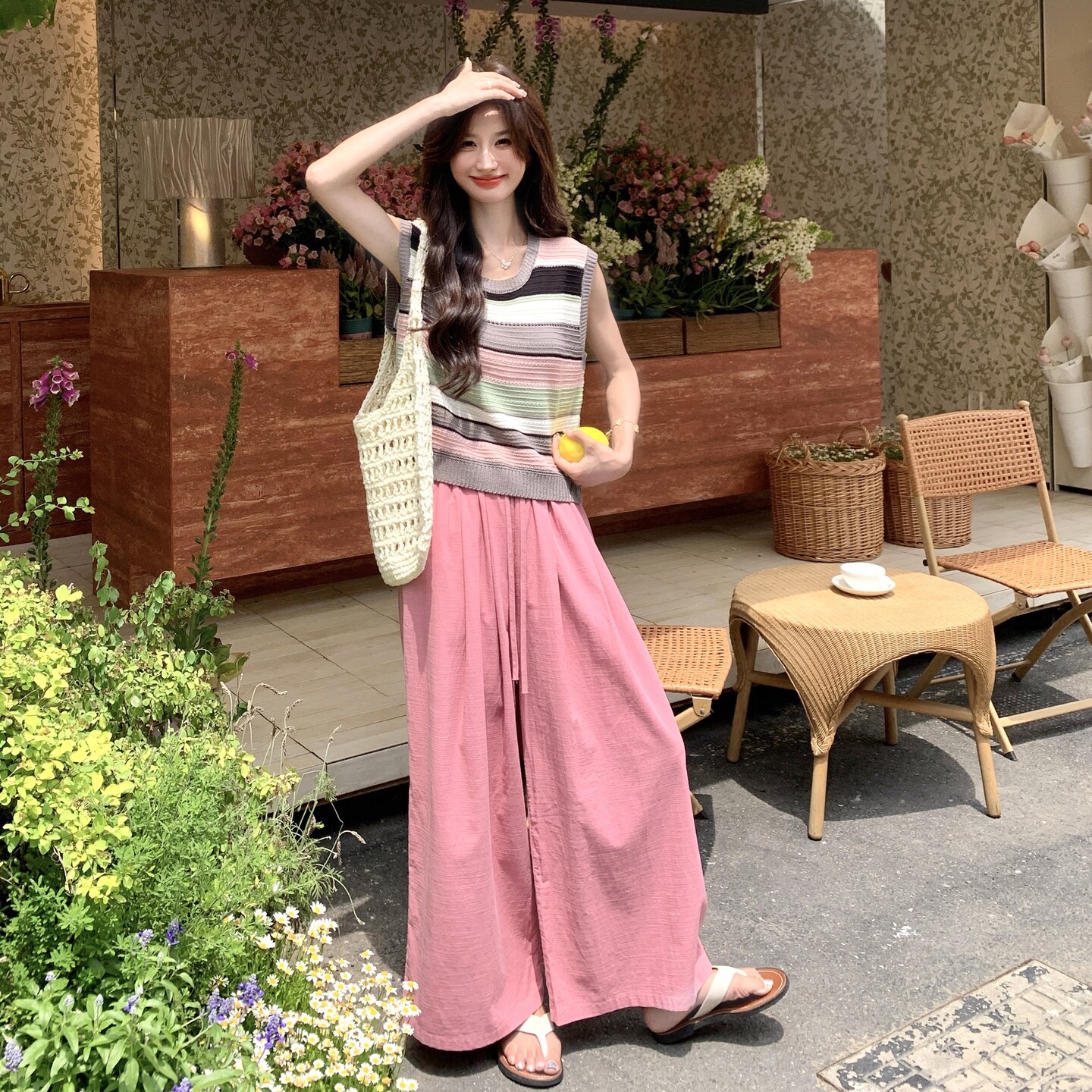减龄撞色拼接条纹针织衫套装女夏季2025年新款阔腿裤两件套,女装套装/套裙,2C166
