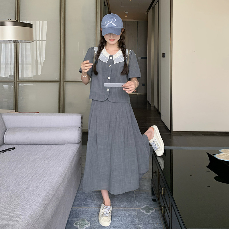 俏皮活动少女灰色衬衫半身裙套装女夏巨好看学院风两件套流行爆款,女装套装/套裙,2C115