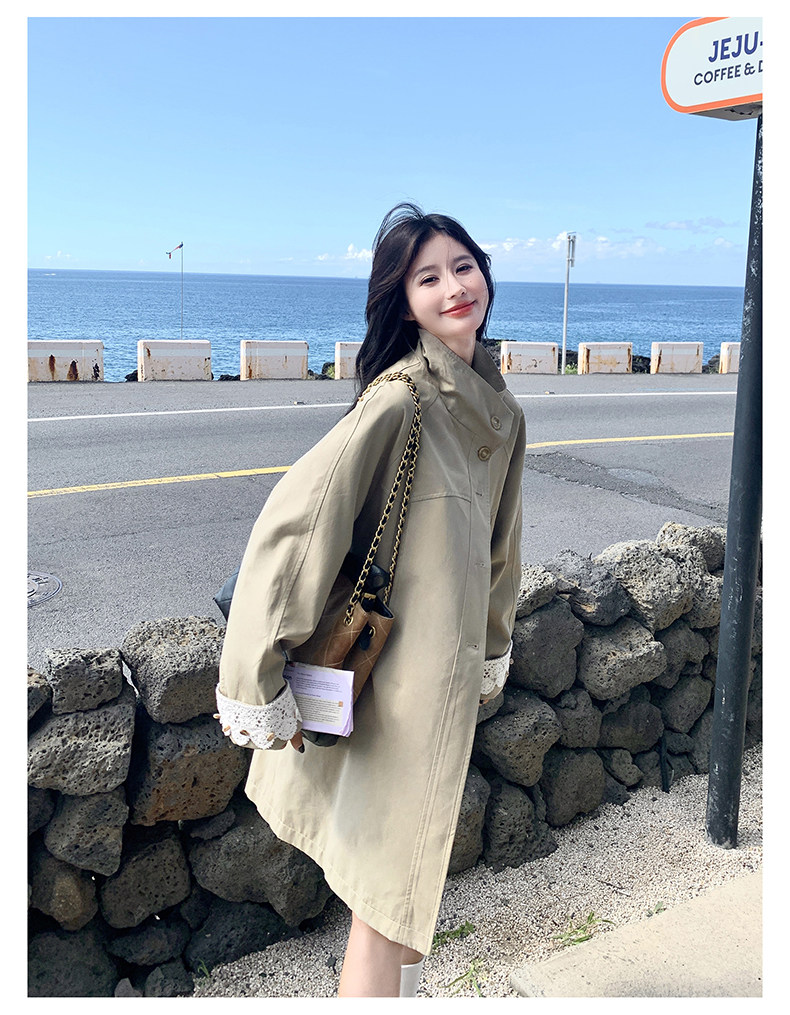卡其色韩系蕾丝袖口拼接风衣外套女2026秋设计感气质休闲翻领大衣,女装风衣,2C159