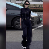 韩版时尚气质大方套装女春新款拉链开衫黑色立领上衣阔腿裤两件套，女装套装/套裙，2C310