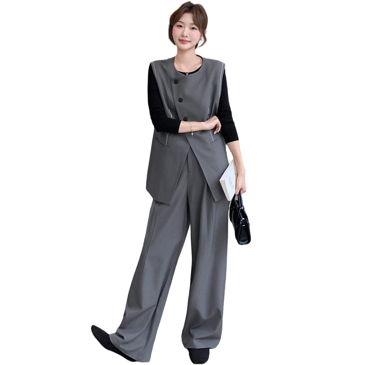 高级感休闲气质灰色西装马甲阔腿裤套装女春秋巨好看松弛感三件套,女装套装/套裙,2D009