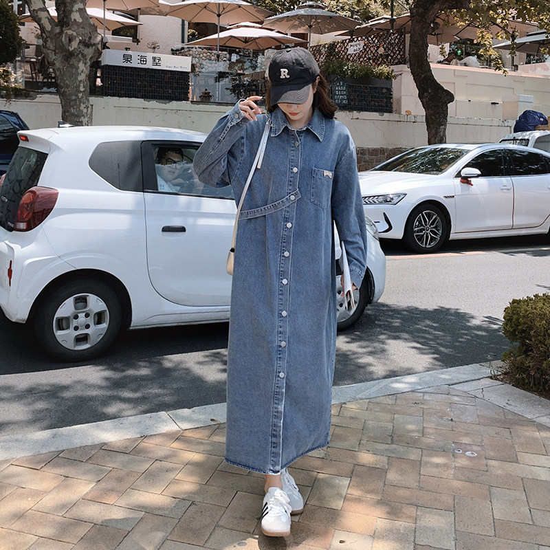 现货2C0287702P135K189复古长袖长款牛仔衬衫外套连衣裙,女装连衣裙,2C028