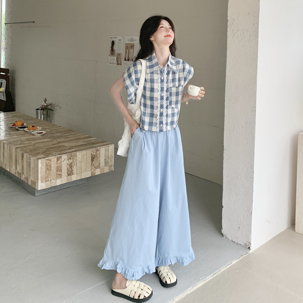 韩系甜美学院风蕾丝花边格子衬衣套装女夏季2025新款阔腿裤两件套,女装套装/套裙,2C135