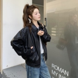 甜酷风休闲复古翻领黑色皮衣外套女春秋小个子机车服PU夹克巨好看，女装皮衣，2C325