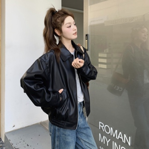 甜酷风休闲复古翻领黑色皮衣外套女春秋小个子机车服PU夹克巨好看图片