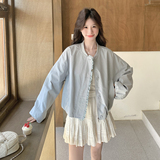 蓝色韩系短款外套女秋季2025新款小个子休闲穿搭宽松高级感夹克，女装短外套，2C203