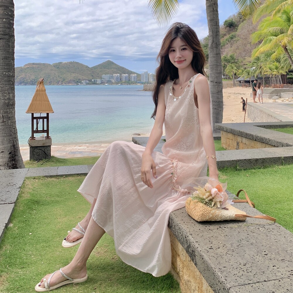 现货主推！蕾丝拼接粉色连衣裙带亮片2025夏季新款裙子P135K188,女装连衣裙,2C320