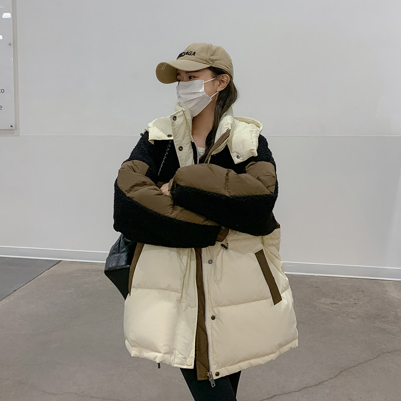 新款现货！宽松羊羔毛拼接90白鸭绒潮牌羽绒服2258P275控428,女装羽绒服,2C166