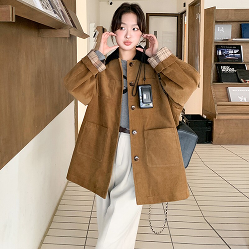 港风时尚复古灯芯绒夹克外套女2025春秋季新款宽松显瘦设计感上衣图片