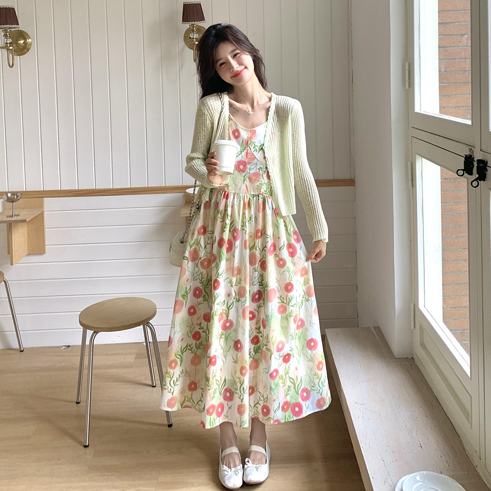 2025新款法式碎花吊带连衣裙套装女夏季温柔风针织开衫两件套,女装连衣裙,2C166