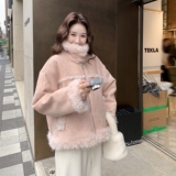 粉色皮毛一体羊羔毛外套女2025冬短款毛领夹克加厚保暖小个子减龄，女装短外套，2C236