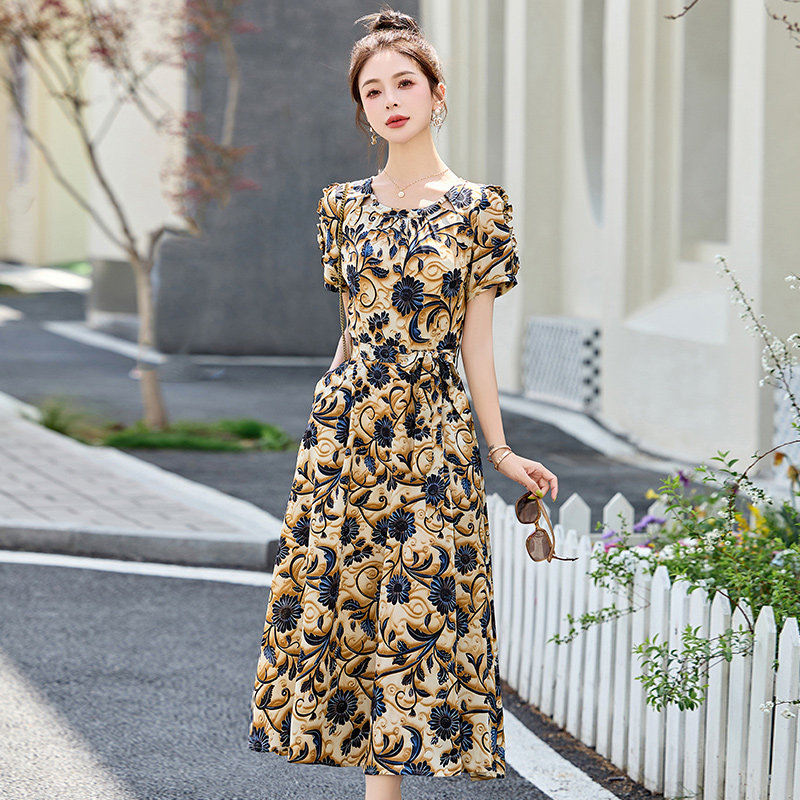 法式复古碎花连衣裙女2025夏新款洋气妈妈气质收腰显瘦中长款裙子,女装连衣裙,吾爱衣