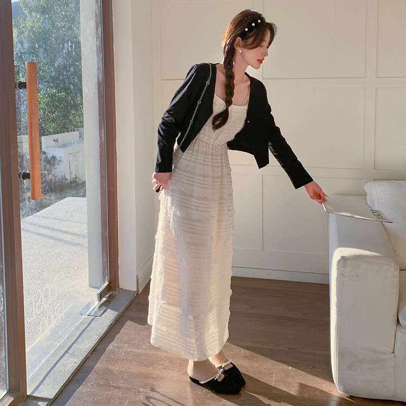 白色吊带连衣裙套装女2024夏新款小个子法式茶系针织衫长裙两件套,女装套装/套裙,2C311