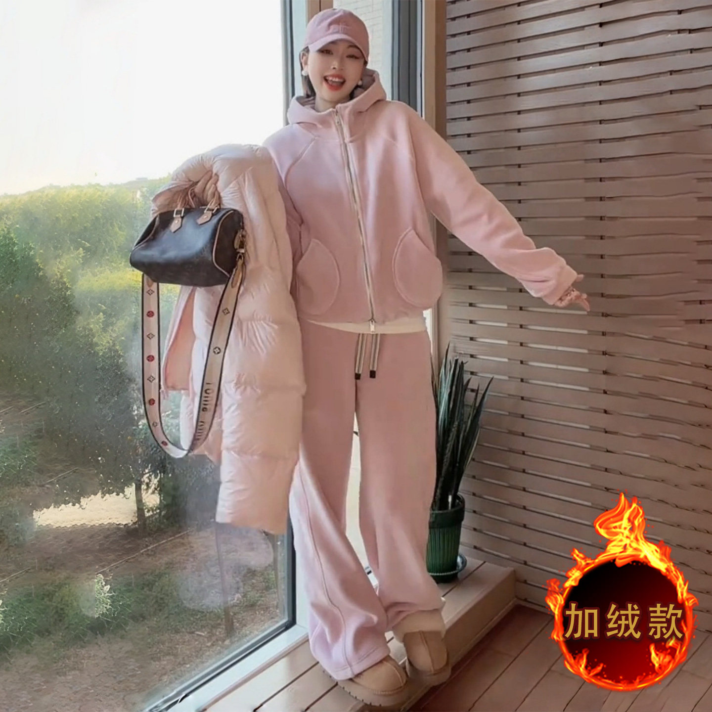 休闲运动时尚套装女秋冬新款双口袋拉链开衫连帽卫衣直筒裤两件套,女装套装/套裙,2C310