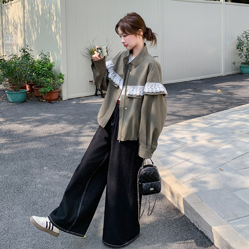 大量现货蕾丝拼接撞色立领短款外套5865-P150-K218,女装短外套,2C159