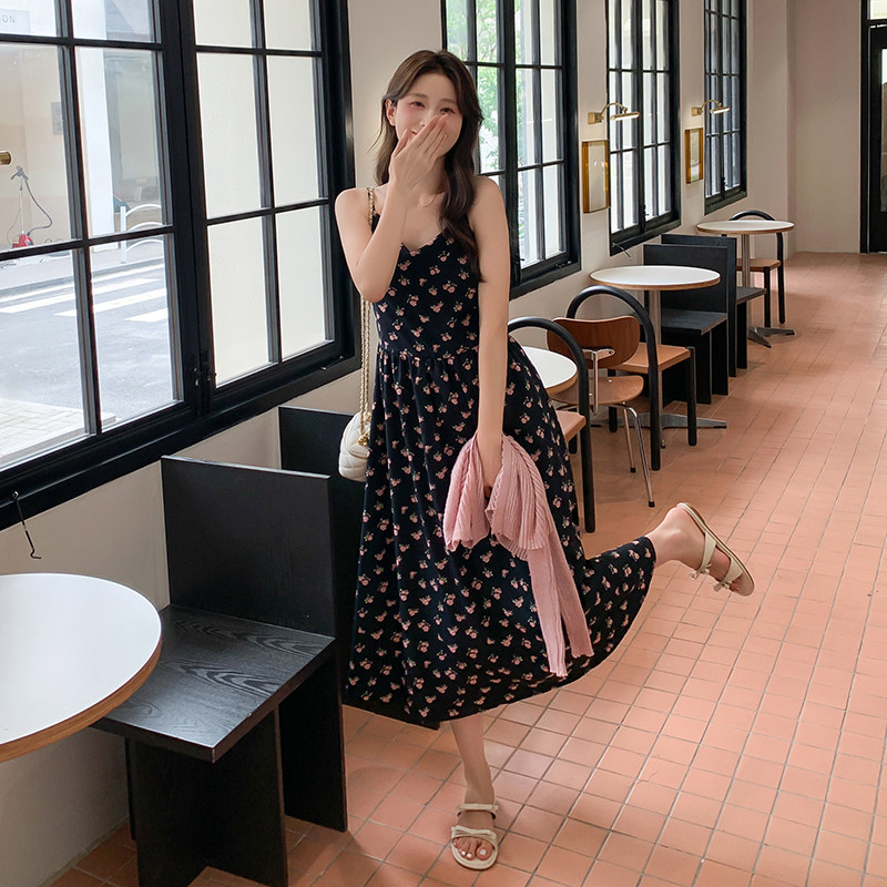 现货！粉色针织开衫吊带裙法式碎花连衣裙两件套5069P135K198,女装连衣裙,2C166