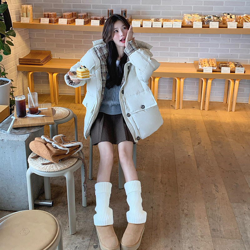 格子拼接连帽羽绒服女冬季2025新款高级感加厚设计感小众美式复古,女装羽绒服,2C073