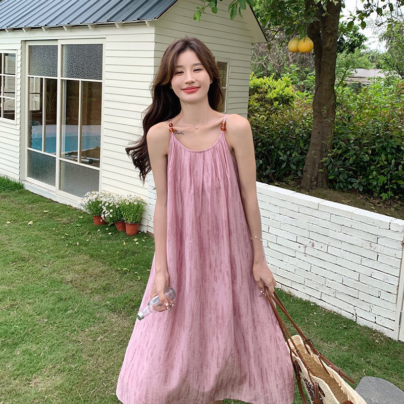 现货夏季度假风晕染粉色吊带裙宽松版P95K149,女装连衣裙,2C233
