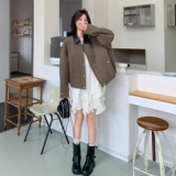 撞色PU皮翻领夹克短外套2025新款女秋季老钱风设计感韩版休闲上衣，女装短外套，2C166