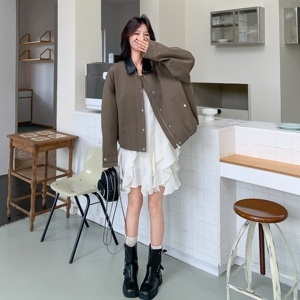 撞色PU皮翻领夹克短外套2025新款女秋季老钱风设计感韩版休闲上衣图片