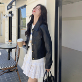 气质短款翻领黑色皮衣外套女春秋2025新款小个子机车服PU夹克超火，女装皮衣，2C122