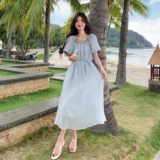 蓝色法式镂空慵懒风连衣裙2025新款夏季小众绝美小个子泡泡袖长裙，女装连衣裙，2C057