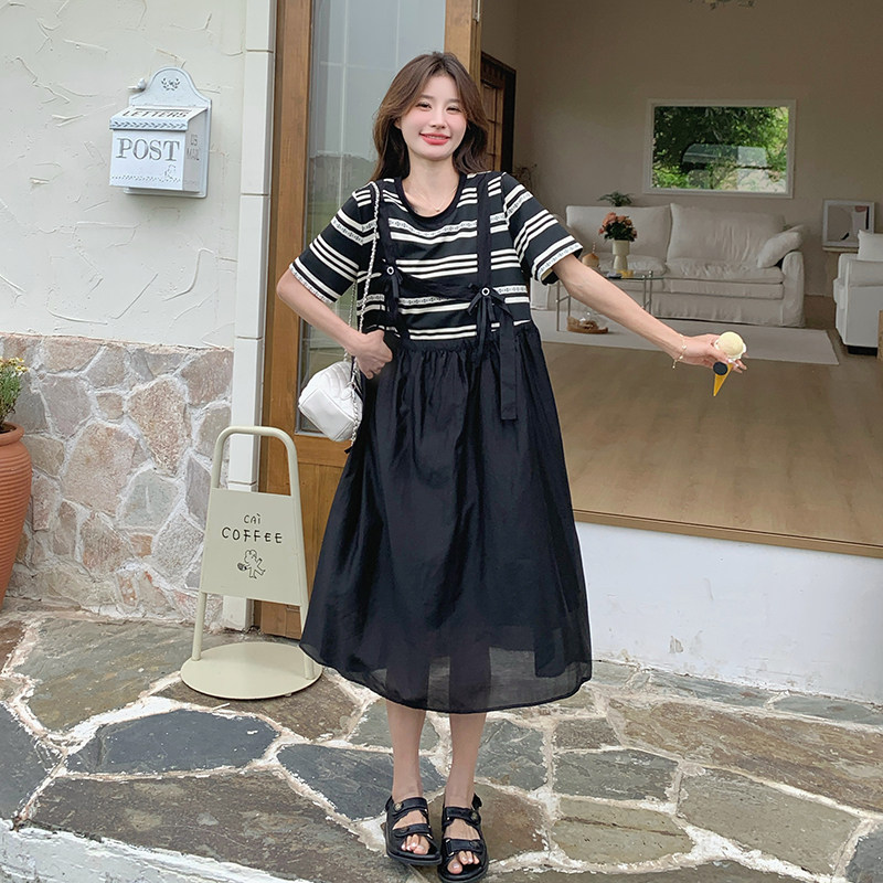 法式甜美条纹拼接连衣裙女2025夏季新款韩版宽松显瘦假两件长裙子,女装连衣裙,2C098