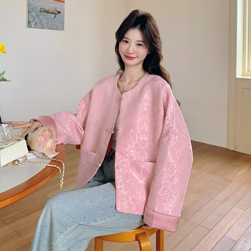 新中式国风粉色碎花短外套女春秋2025新款小个子夹克上衣流行爆款,女装短外套,2D078