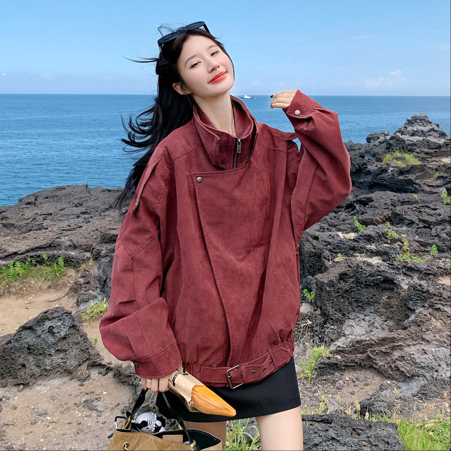 美拉德复古早秋氛围感烟红夹克外套设计感小众宽松休闲工装机车服图片