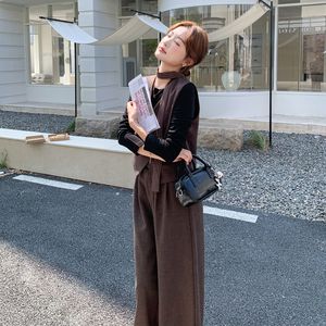 咖色复古气质通勤V领马甲套装女2025秋季老钱风休闲阔腿裤两件套图片