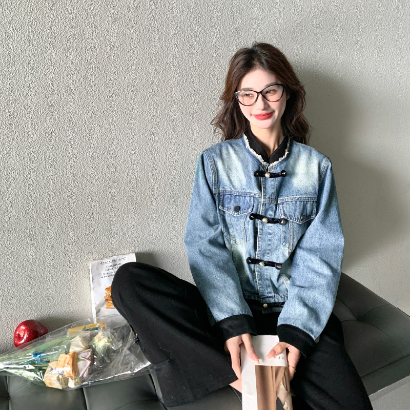 蓝色牛仔外套春秋女2024新款韩版宽松高级感撞色炸街减龄短款上衣,女装短外套,2D146