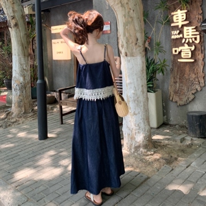 2025夏季新款韩版时尚气质百搭显瘦吊带拼接蕾丝高腰半身裙套装潮图片