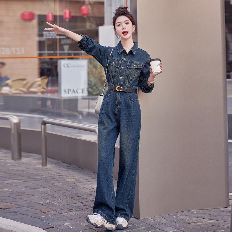 （新款现货）2025春装时尚休闲复古色阔腿裤牛仔连体裤（配腰带）,女装连体裤,1D060