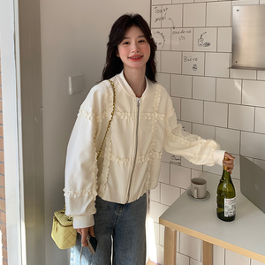 米白色木耳边棒球服外套女春秋2025年新款韩系小个子减龄休闲上衣图片