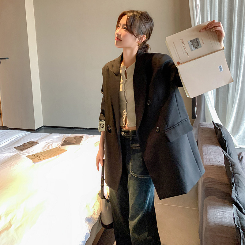 高级感拼接黑色西装外套女2025春秋新款设计感双排扣宽松百搭西服,女装西装,2C098