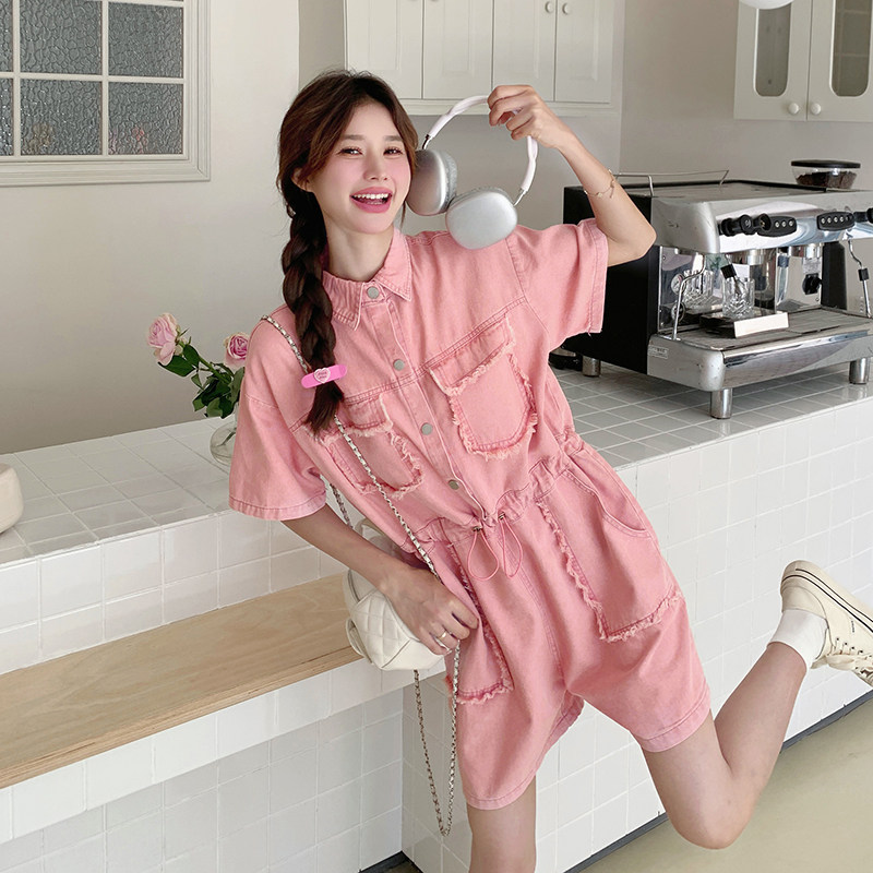 洋气减龄粉色连体裤女夏季2025新款小个子甜美显瘦收腰阔腿牛仔裤,女装连体裤,2C115
