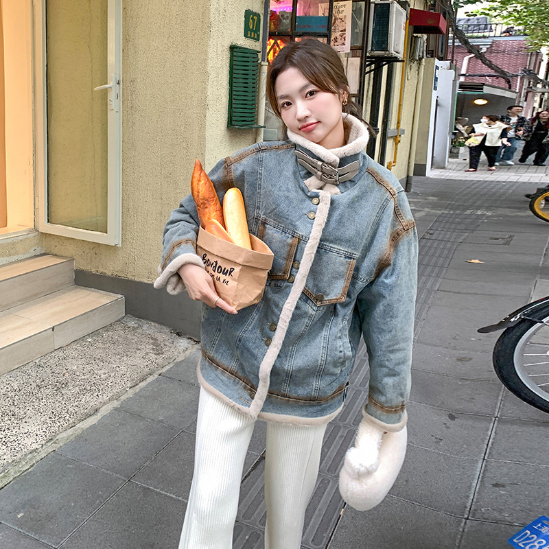 【现货】羊羔毛加绒牛仔衣女秋冬宽松加厚短外套3075-P195-K268,女装短外套,2C166