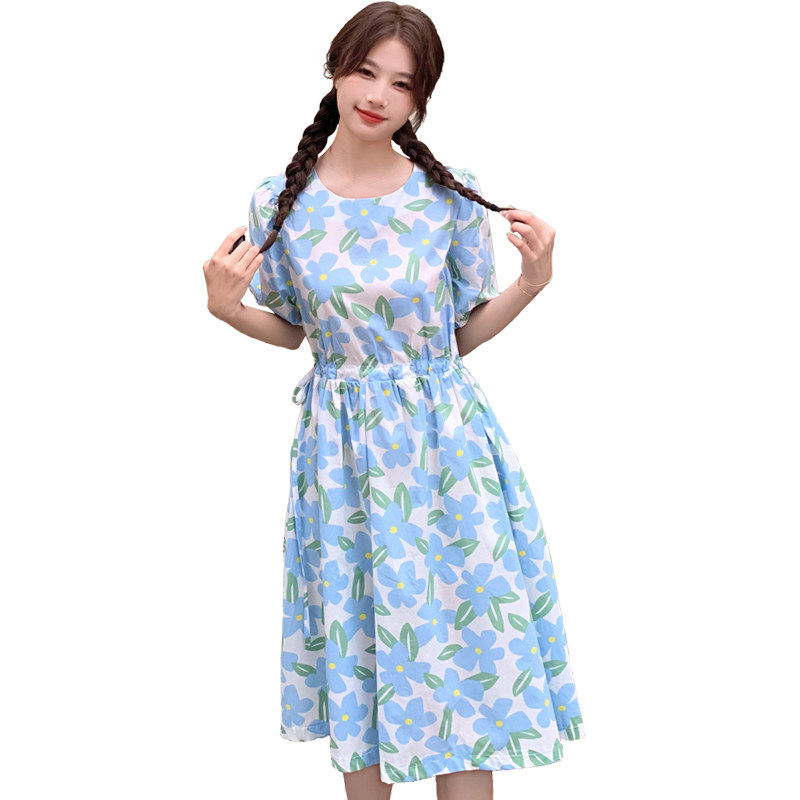 纯棉碎花连衣裙女2025年夏季新款高端气质系带收腰显瘦中长款裙子,女装连衣裙,幸运星