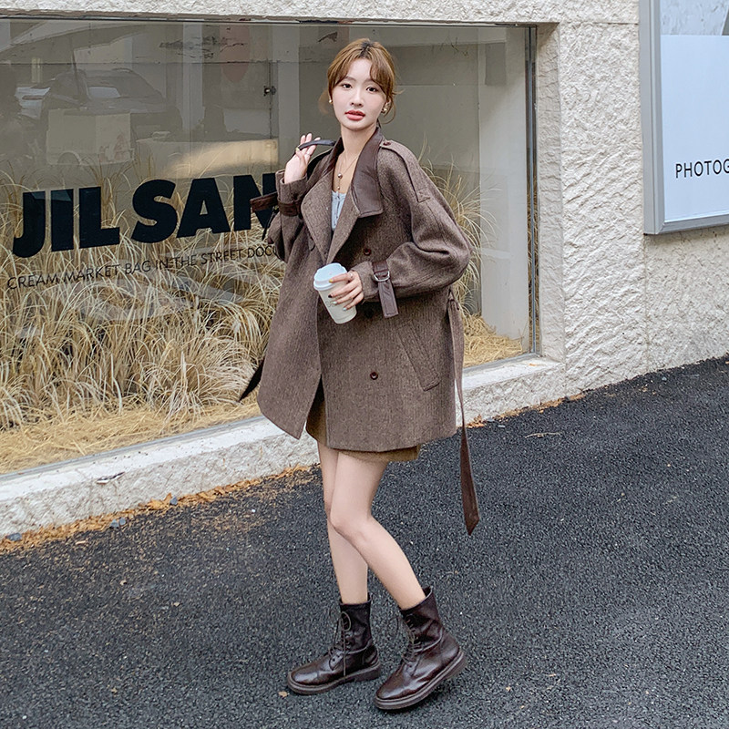 时尚毛呢外套女2025春季新款休闲宽松中长款韩版复古收腰百搭大衣,女装风衣,2C203