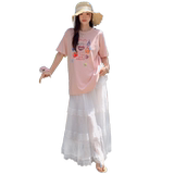 休闲减龄短袖T恤套装裙女2025夏季新款时尚蕾丝花边半身裙两件套，女装连衣裙，2D008