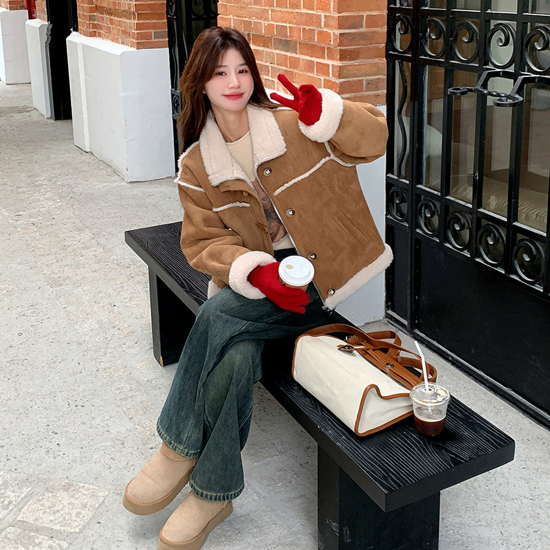 爆款麂皮绒羊羔毛皮毛一体外套女冬2024新款小个子加厚机车服棉袄,女装短外套,2C131