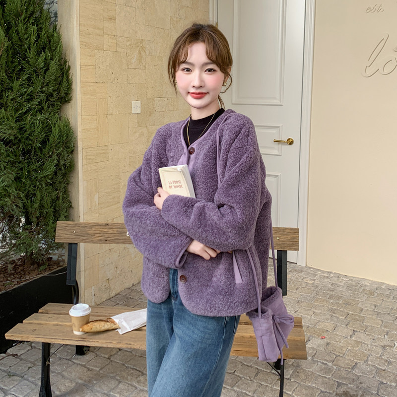 紫色羊羔毛皮毛一体外套女秋冬季新款高级感气质减龄百搭休闲上衣,女装皮草,2C092