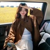 休闲气质复古麂皮绒咖色短外套女春秋2025新款小个子夹克上衣流行，女装短外套，2D008