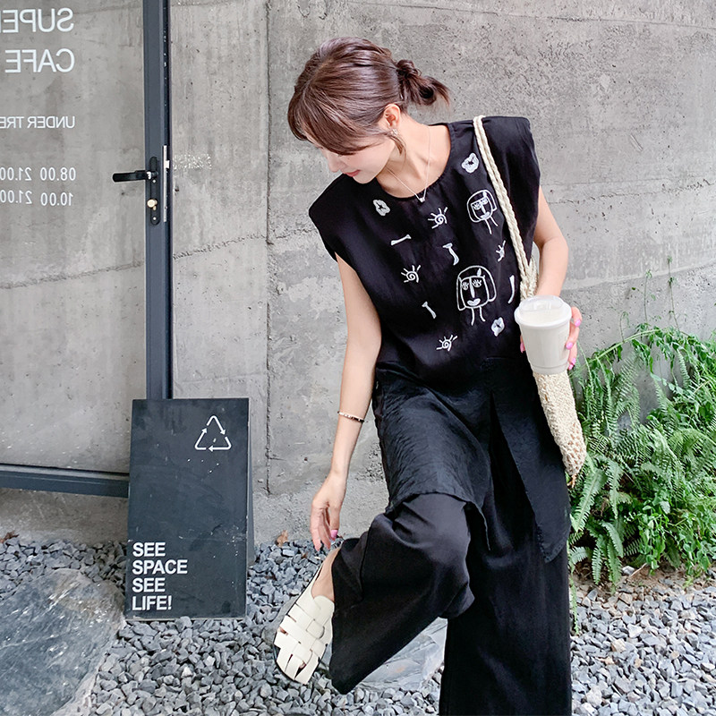 黑色网纱拼接印花无袖上衣阔腿裤套装女2025夏新款时尚显瘦两件套,女装套装/套裙,2C277